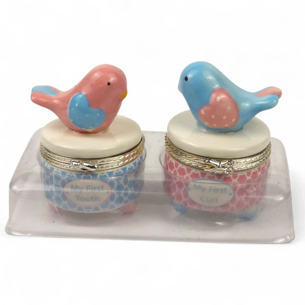 Mud Pie My First Tooth and Curl Keepsake Set Ceramic Bird Baby Trinket Box Pink